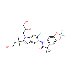 CC(C)(CCO)c1cc2cc(NC(=O)C3(c4ccc5c(c4)OC(F)(F)O5)CC3)c(F)cc2n1C[C@@H](O)CO ZINC000068206918