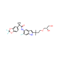 CC(C)(CCOC[C@@H](O)CO)c1cc2cc(NC(=O)C3(c4ccc5c(c4)OC(F)(F)O5)CC3)c(F)cc2[nH]1 ZINC000068206935