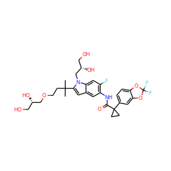 CC(C)(CCOC[C@@H](O)CO)c1cc2cc(NC(=O)C3(c4ccc5c(c4)OC(F)(F)O5)CC3)c(F)cc2n1C[C@@H](O)CO ZINC000116251896