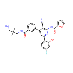 CC(C)(CN)CNC(=O)c1cccc(-c2cc(-c3ccc(F)cc3O)nc(NC(=O)c3ccco3)c2C#N)c1 ZINC000049808017