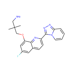 CC(C)(CN)COc1cc(F)cc2ccc(-c3nnc4ccccn34)nc12 ZINC000096174992