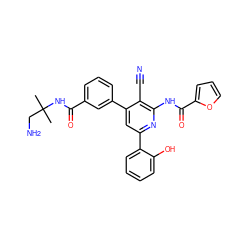 CC(C)(CN)NC(=O)c1cccc(-c2cc(-c3ccccc3O)nc(NC(=O)c3ccco3)c2C#N)c1 ZINC000049803114