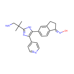 CC(C)(CN)c1nc(-c2ccncc2)c(-c2ccc3c(c2)CC/C3=N\O)[nH]1 ZINC000040918549