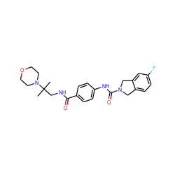 CC(C)(CNC(=O)c1ccc(NC(=O)N2Cc3ccc(F)cc3C2)cc1)N1CCOCC1 ZINC000166158707