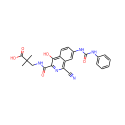 CC(C)(CNC(=O)c1nc(C#N)c2cc(NC(=O)Nc3ccccc3)ccc2c1O)C(=O)O ZINC000146733891