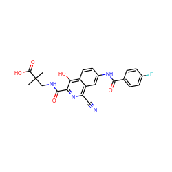 CC(C)(CNC(=O)c1nc(C#N)c2cc(NC(=O)c3ccc(F)cc3)ccc2c1O)C(=O)O ZINC000146662317