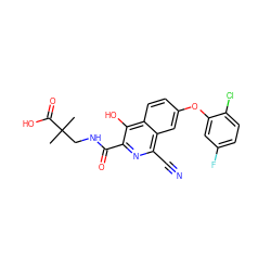 CC(C)(CNC(=O)c1nc(C#N)c2cc(Oc3cc(F)ccc3Cl)ccc2c1O)C(=O)O ZINC000146736930