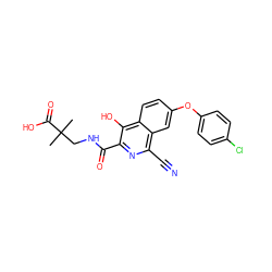 CC(C)(CNC(=O)c1nc(C#N)c2cc(Oc3ccc(Cl)cc3)ccc2c1O)C(=O)O ZINC000146660428