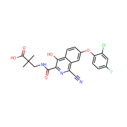 CC(C)(CNC(=O)c1nc(C#N)c2cc(Oc3ccc(F)cc3Cl)ccc2c1O)C(=O)O ZINC000146748893