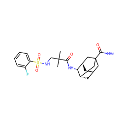 CC(C)(CNS(=O)(=O)c1ccccc1F)C(=O)NC1[C@H]2CC3C[C@H]1CC(C(N)=O)(C3)C2 ZINC000473083225