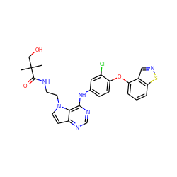 CC(C)(CO)C(=O)NCCn1ccc2ncnc(Nc3ccc(Oc4cccc5sncc45)c(Cl)c3)c21 ZINC000084652298