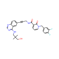 CC(C)(CO)CNc1ncnc2ccc(C#CCNC(=O)c3cccn(Cc4ccc(F)c(F)c4)c3=O)cc12 ZINC000096176289