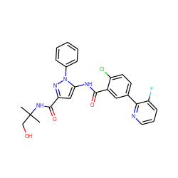 CC(C)(CO)NC(=O)c1cc(NC(=O)c2cc(-c3ncccc3F)ccc2Cl)n(-c2ccccc2)n1 ZINC001772621636