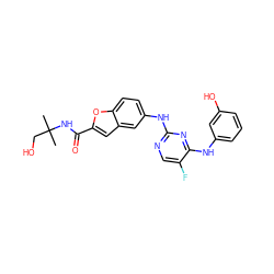 CC(C)(CO)NC(=O)c1cc2cc(Nc3ncc(F)c(Nc4cccc(O)c4)n3)ccc2o1 ZINC000035952321