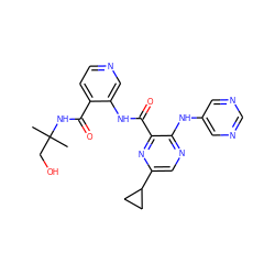 CC(C)(CO)NC(=O)c1ccncc1NC(=O)c1nc(C2CC2)cnc1Nc1cncnc1 ZINC000169701750