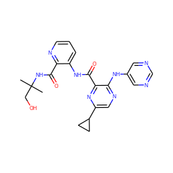 CC(C)(CO)NC(=O)c1ncccc1NC(=O)c1nc(C2CC2)cnc1Nc1cncnc1 ZINC000143130526