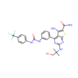 CC(C)(CO)Nc1nc(-c2cccc(NC(=O)Nc3ccc(C(F)(F)F)cc3)c2)c2c(N)c(C(N)=O)sc2n1 ZINC000073225059