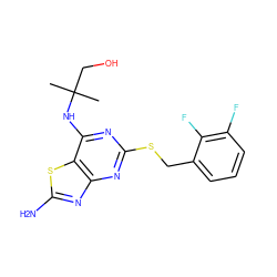 CC(C)(CO)Nc1nc(SCc2cccc(F)c2F)nc2nc(N)sc12 ZINC000028569595