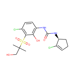 CC(C)(CO)S(=O)(=O)c1c(Cl)ccc(NC(=O)N[C@H]2CCC=C2Cl)c1O ZINC001772641913