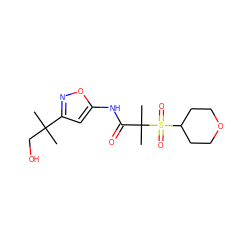 CC(C)(CO)c1cc(NC(=O)C(C)(C)S(=O)(=O)C2CCOCC2)on1 ZINC000116863536