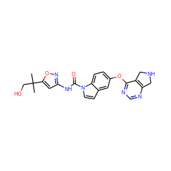 CC(C)(CO)c1cc(NC(=O)n2ccc3cc(Oc4ncnc5c4CNC5)ccc32)no1 ZINC001772623819