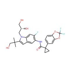 CC(C)(CO)c1cc2cc(NC(=O)C3(c4ccc5c(c4)OC(F)(F)O5)CC3)c(F)cc2n1C[C@@H](O)CO ZINC000068206930