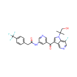 CC(C)(CO)n1cc(C(=O)c2cncc(NC(=O)Cc3ccc(C(F)(F)F)cc3)c2)c2cncc(F)c21 ZINC000207632672