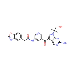 CC(C)(CO)n1cc(C(=O)c2cncc(NC(=O)Cc3ccc4ocnc4c3)c2)c2cnc(N)nc21 ZINC000169707816