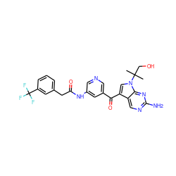 CC(C)(CO)n1cc(C(=O)c2cncc(NC(=O)Cc3cccc(C(F)(F)F)c3)c2)c2cnc(N)nc21 ZINC000169707815