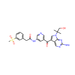 CC(C)(CO)n1cc(C(=O)c2cncc(NC(=O)Cc3cccc(S(C)(=O)=O)c3)c2)c2cnc(N)nc21 ZINC000169707817