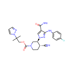 CC(C)(COC(=O)N1CC[C@@H](C#N)[C@H](n2cc(C(N)=O)c(Nc3ccc(F)cc3)n2)C1)n1cccn1 ZINC000221257203