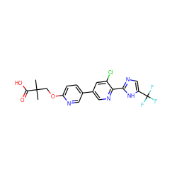 CC(C)(COc1ccc(-c2cnc(-c3ncc(C(F)(F)F)[nH]3)c(Cl)c2)cn1)C(=O)O ZINC000218561394