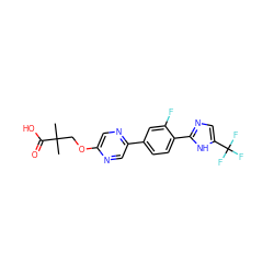 CC(C)(COc1cnc(-c2ccc(-c3ncc(C(F)(F)F)[nH]3)c(F)c2)cn1)C(=O)O ZINC000218553622