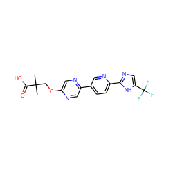 CC(C)(COc1cnc(-c2ccc(-c3ncc(C(F)(F)F)[nH]3)nc2)cn1)C(=O)O ZINC000218553716