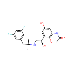 CC(C)(Cc1cc(F)cc(F)c1)NC[C@H](O)c1cc(O)cc2c1OCC(=O)N2 ZINC000035849291