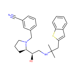 CC(C)(Cc1cc2ccccc2s1)NC[C@@H](O)[C@H]1CCCN1Cc1cccc(C#N)c1 ZINC000028564720