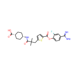 CC(C)(Cc1ccc(C(=O)Oc2ccc(C(=N)N)cc2F)s1)C(=O)N[C@H]1CC[C@@H](C(=O)O)CC1 ZINC000261157459