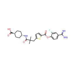 CC(C)(Cc1ccc(C(=O)Oc2ccc(C(=N)N)cc2F)s1)C(=O)N[C@H]1CC[C@H](C(=O)O)CC1 ZINC000261157458