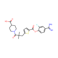 CC(C)(Cc1ccc(C(=O)Oc2ccc(C(=N)N)cc2F)s1)C(=O)N1CCC(C(=O)O)CC1 ZINC000261120072