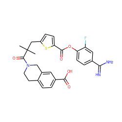 CC(C)(Cc1ccc(C(=O)Oc2ccc(C(=N)N)cc2F)s1)C(=O)N1CCc2ccc(C(=O)O)cc2C1 ZINC000261179714