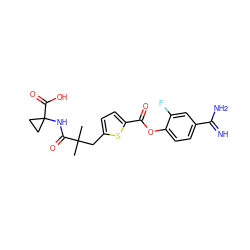 CC(C)(Cc1ccc(C(=O)Oc2ccc(C(=N)N)cc2F)s1)C(=O)NC1(C(=O)O)CC1 ZINC000261144581