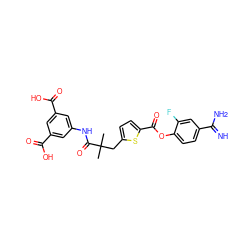 CC(C)(Cc1ccc(C(=O)Oc2ccc(C(=N)N)cc2F)s1)C(=O)Nc1cc(C(=O)O)cc(C(=O)O)c1 ZINC000210447307