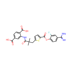 CC(C)(Cc1ccc(C(=O)Oc2ccc(C(=N)N)cc2F)s1)C(=O)Nc1cc(C(=O)O)ccc1C(=O)O ZINC000261134111