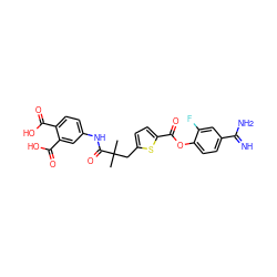 CC(C)(Cc1ccc(C(=O)Oc2ccc(C(=N)N)cc2F)s1)C(=O)Nc1ccc(C(=O)O)c(C(=O)O)c1 ZINC000210450903