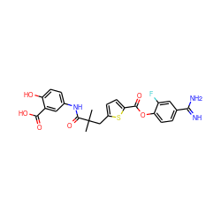 CC(C)(Cc1ccc(C(=O)Oc2ccc(C(=N)N)cc2F)s1)C(=O)Nc1ccc(O)c(C(=O)O)c1 ZINC000210447170