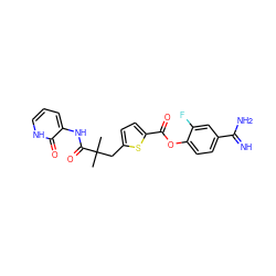 CC(C)(Cc1ccc(C(=O)Oc2ccc(C(=N)N)cc2F)s1)C(=O)Nc1ccc[nH]c1=O ZINC000261105779