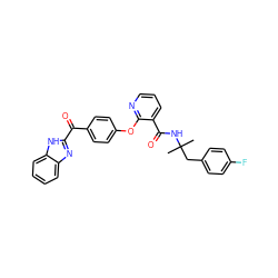 CC(C)(Cc1ccc(F)cc1)NC(=O)c1cccnc1Oc1ccc(C(=O)c2nc3ccccc3[nH]2)cc1 ZINC000139541265