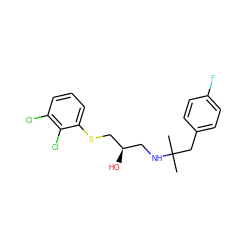 CC(C)(Cc1ccc(F)cc1)NC[C@@H](O)CSc1cccc(Cl)c1Cl ZINC000028564493