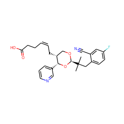 CC(C)(Cc1ccc(F)cc1C#N)[C@@H]1OC[C@@H](C/C=C\CCC(=O)O)[C@@H](c2cccnc2)O1 ZINC000027761164