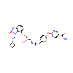 CC(C)(Cc1ccc(Oc2ccc(C(N)=O)cn2)cc1)NC[C@H](O)COc1cccc2[nH]c(=O)n(CCC3CCC3)c12 ZINC000038151182